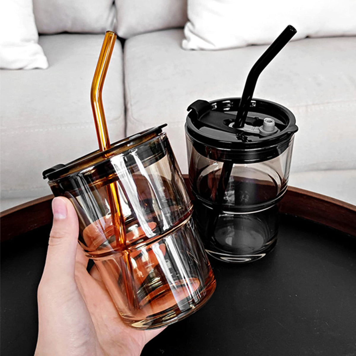 BluePolar amber tumbler used for hot coffee or iced tea on the move.