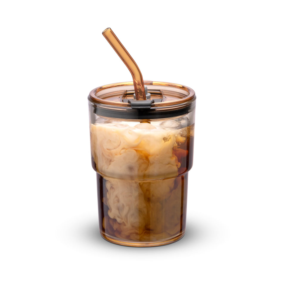 BluePolar amber tumbler front view with thick-walled glass for durability.