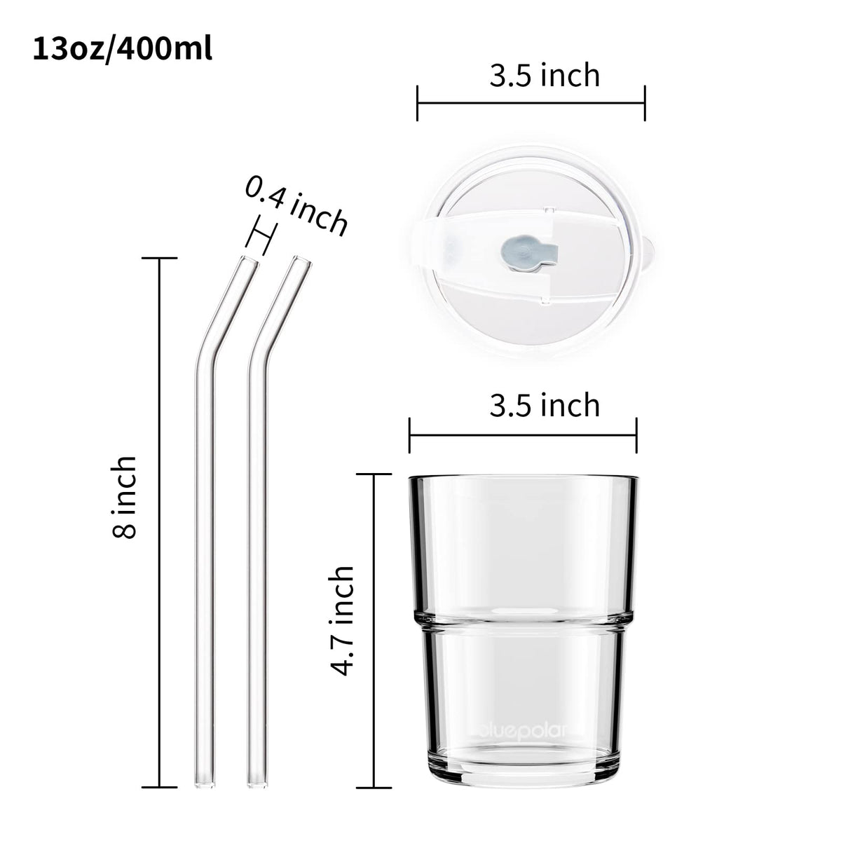 BLUEPOLAR glass tumbler with straw and lid close-up for spill-safe sipping.