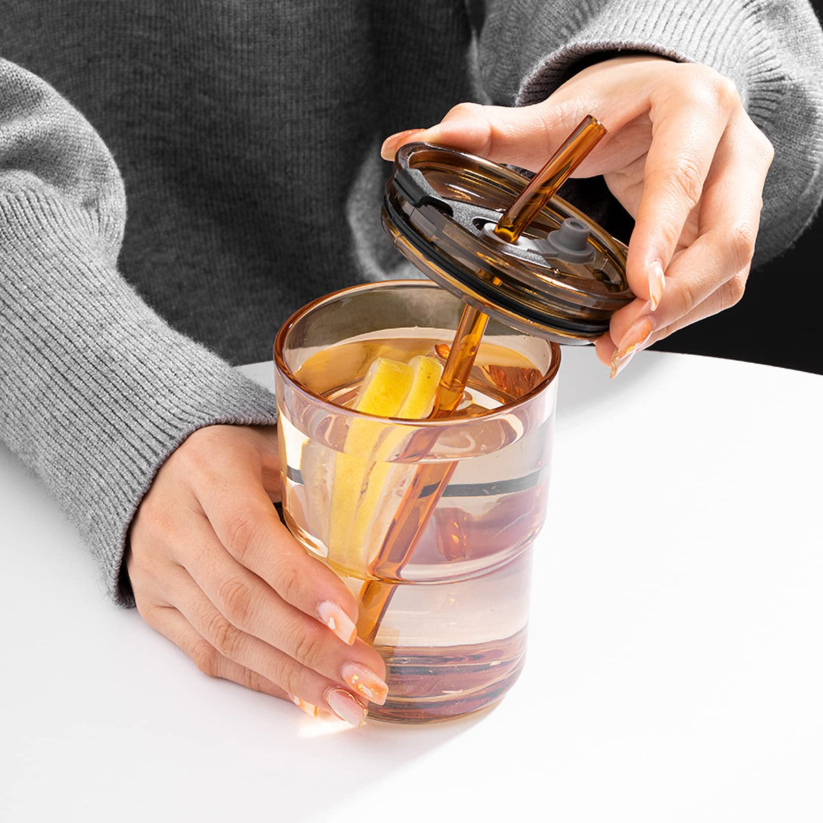BluePolar amber glass cup ideal for coffee or iced tea on the go.