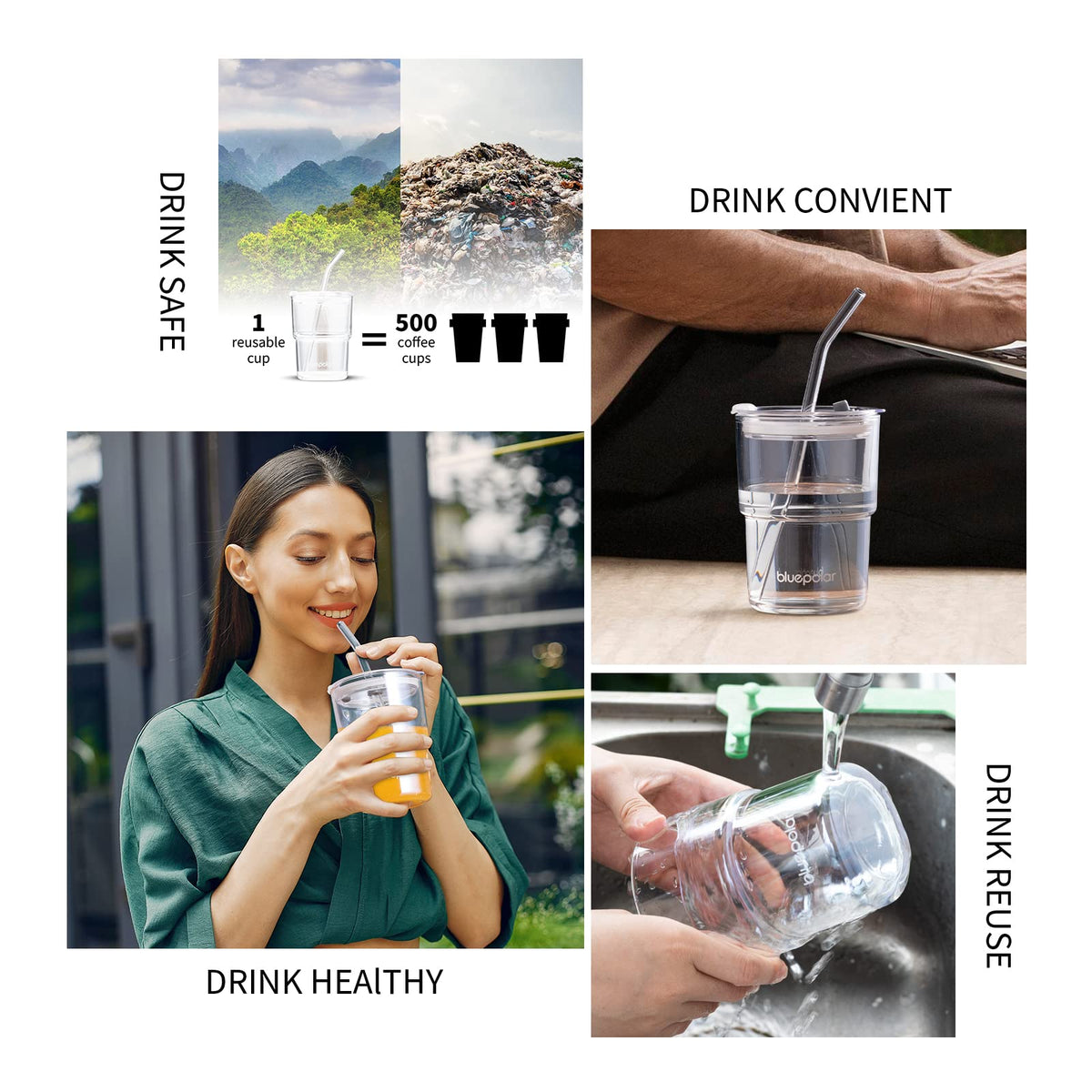 BLUEPOLAR versatile 13oz glass cup for water and tea.