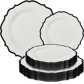 BLUESKY Contemporary Collection white plate with black rim, 7.5-10.5 inches, ideal for everyday dining.