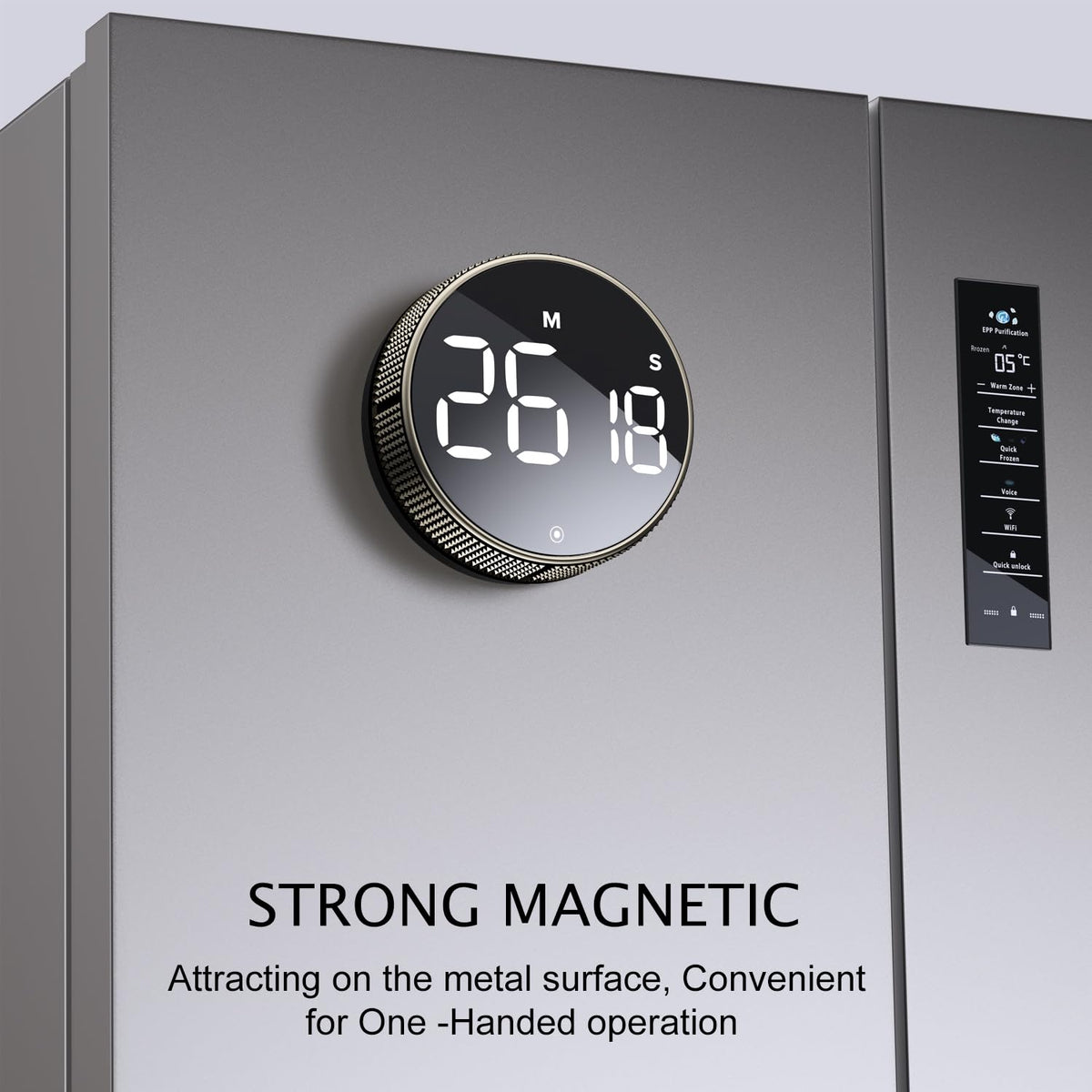 BlueSnail timer magnetic back attached to metal surface for hands-free use.