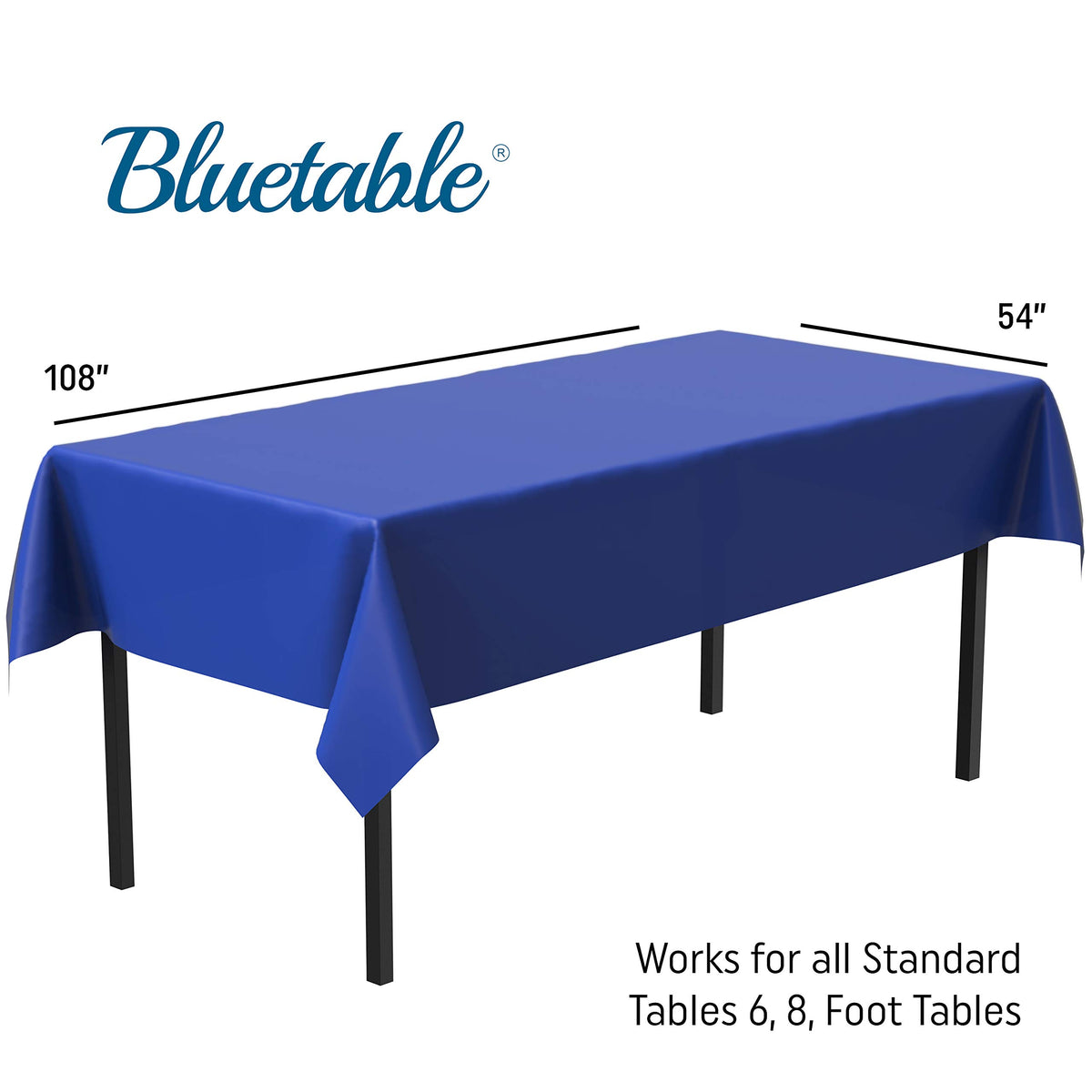 Bluetable blue tablecloth on a 6ft table, spill resistant and easy to wipe down after events.
