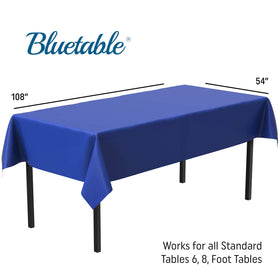 Bluetable blue tablecloth on a 6ft table, spill resistant and easy to wipe down after events.