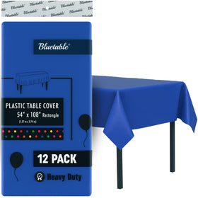 Bluetable blue tablecloth flatlay, 54x108 inches, ideal for polished event styling and quick cleanup.