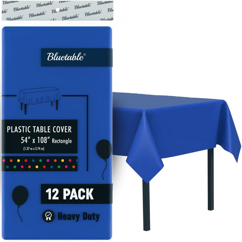 Bluetable blue tablecloth flatlay, 54x108 inches, ideal for polished event styling and quick cleanup.