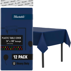 Bluetable navy plastic tablecloth on a 54x108 table for clean protection.