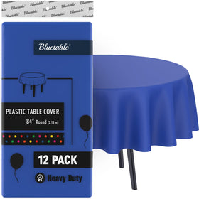 Bluetable blue round 84-inch tablecloth in 12-pack packaging for events