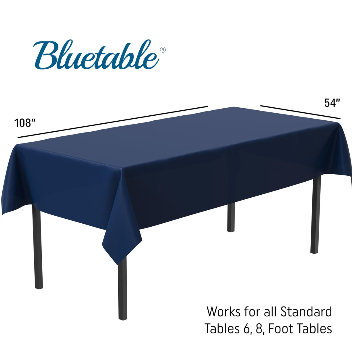 Bluetable navy disposable tablecloth for six- to eight-foot table setups.