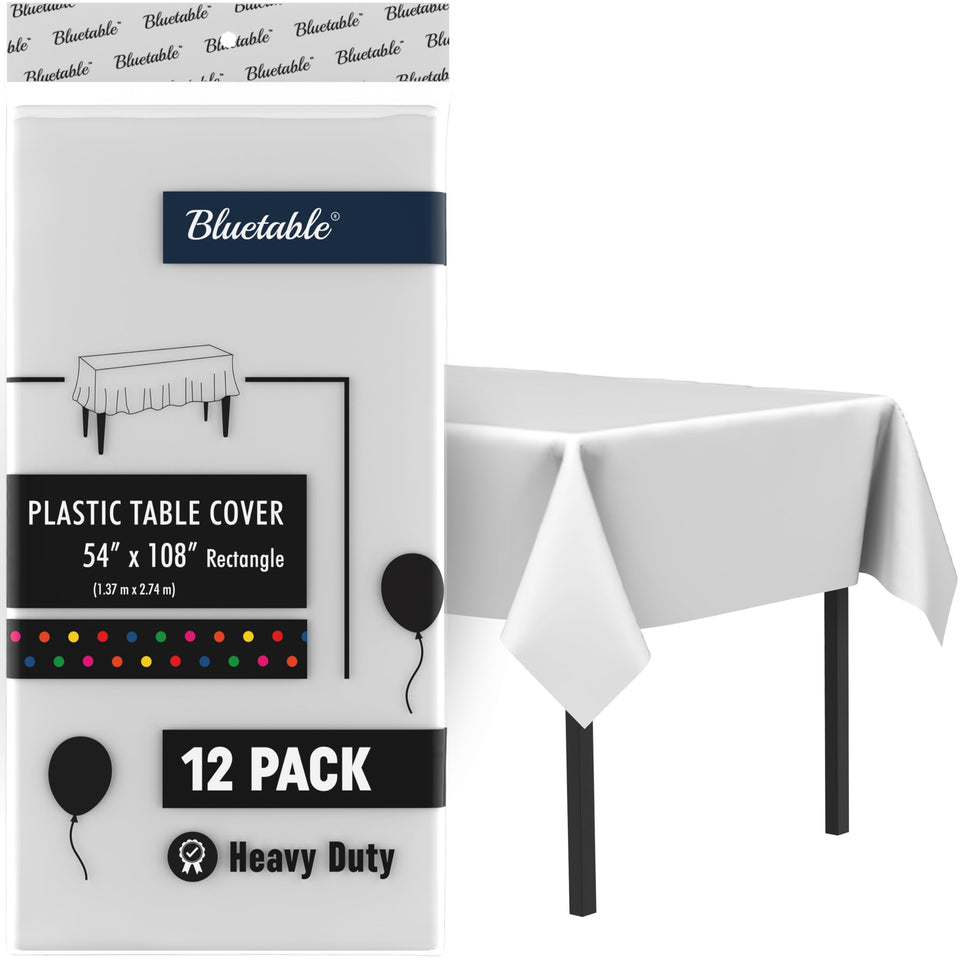 Bluetable white disposable tablecloth on a 54x108 inch table for quick cleanup.
