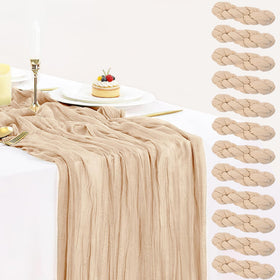 BLUETOP champagne cheesecloth table runner showcases crinkled texture for elegant weddings.