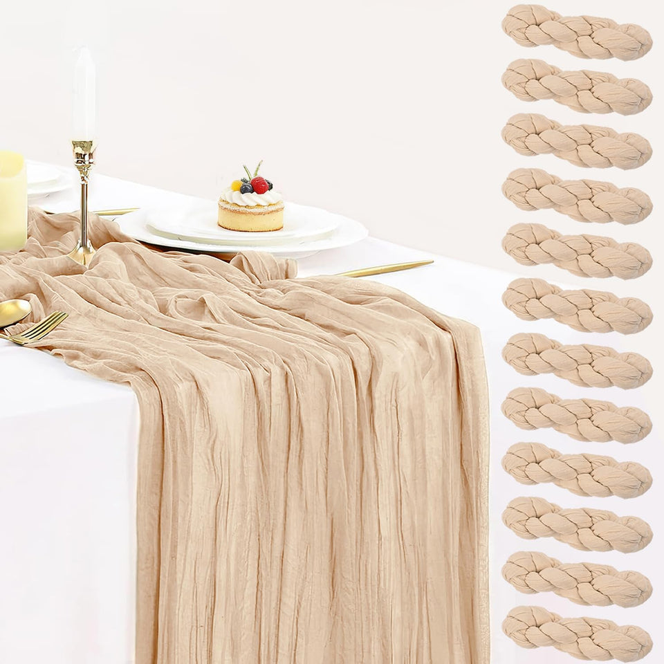 BLUETOP champagne cheesecloth table runner showcases crinkled texture for elegant weddings.