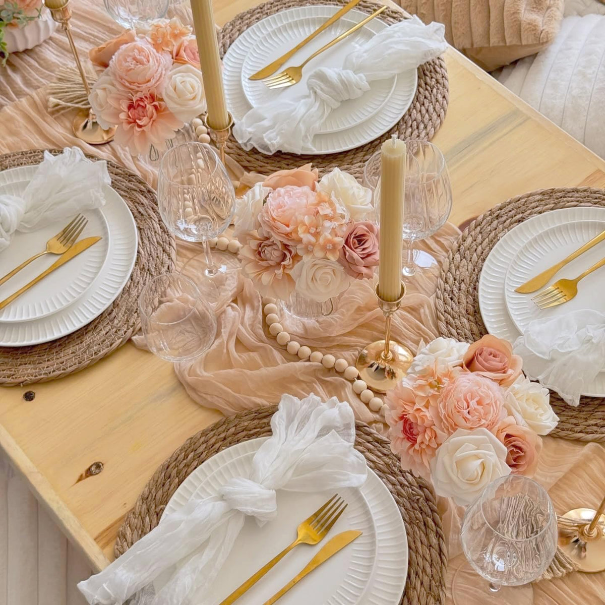 BLUETOP gold-tone runner elevates table décor with a champagne glow.