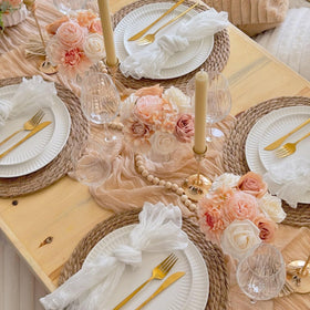 BLUETOP gold-tone runner elevates table décor with a champagne glow.