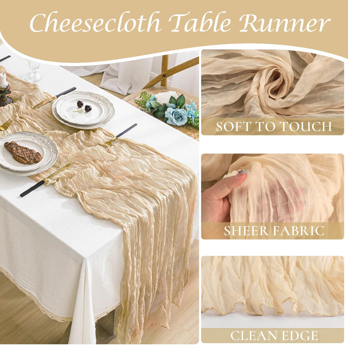 BLUETOP wedding drape table runner creates soft, flowing decor for receptions.