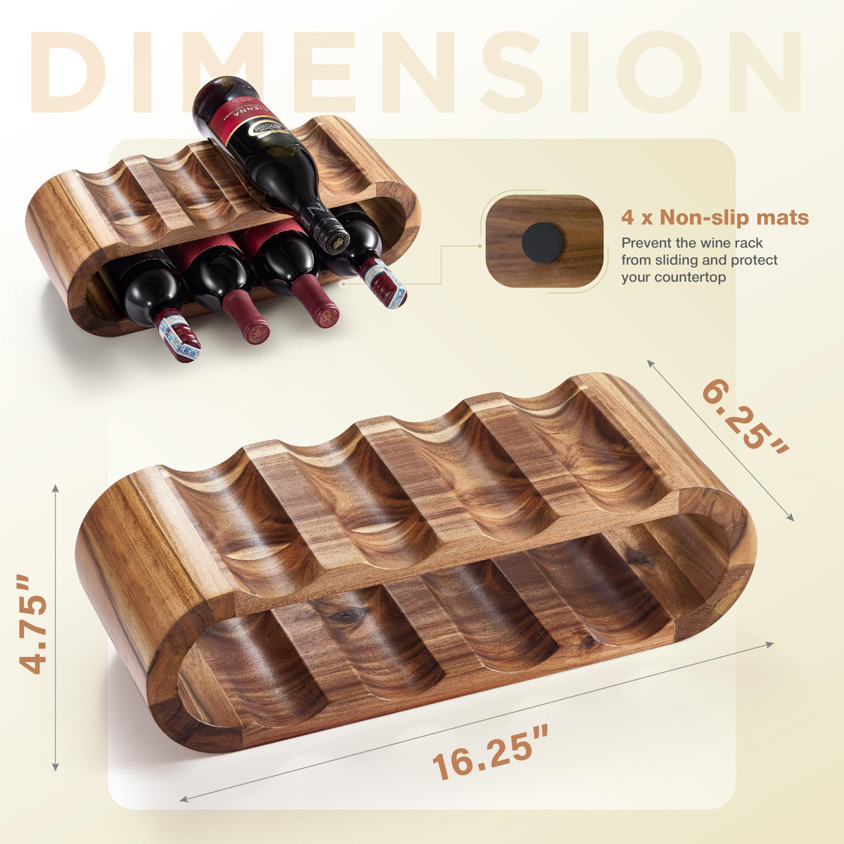 BLUEWEST acacia wood two-tier rack highlights organized bottle display.