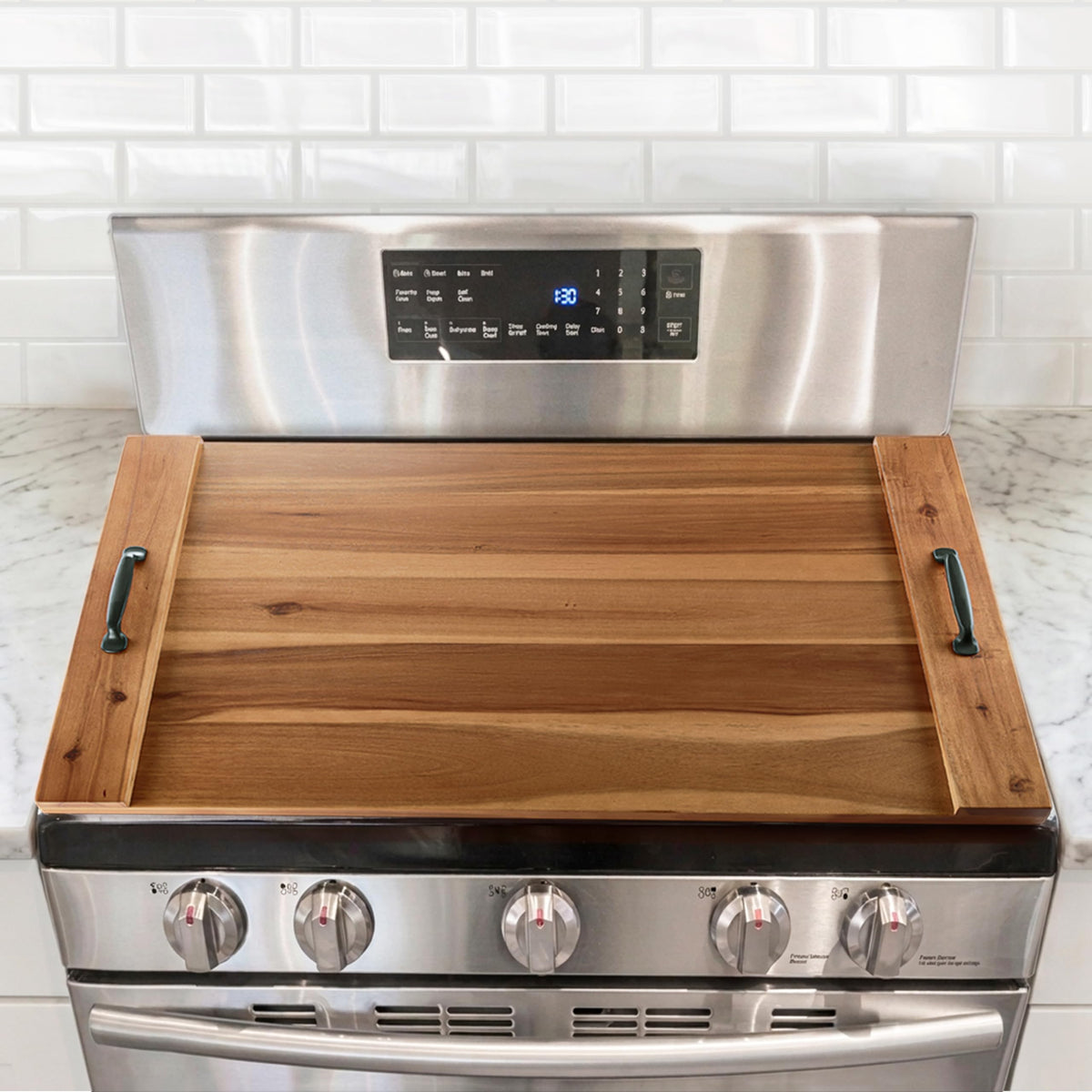 BLUEWEST noodle-board-stove-cover acacia wood offers a clean, seamless fit for any stove.