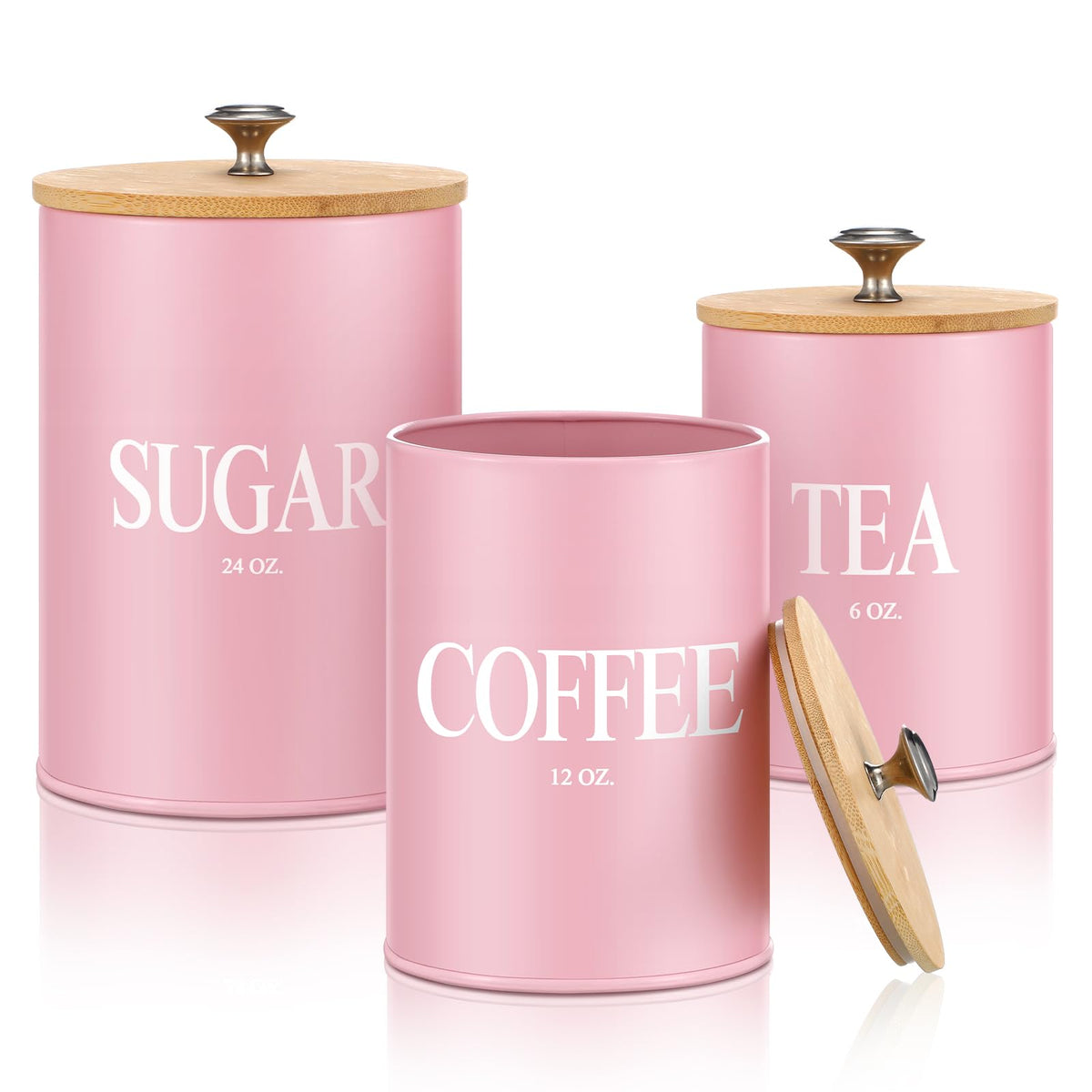 Blushtier pink sugar canister with airtight lid keeps sugar fresh and ready.