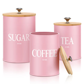 Blushtier pink sugar canister with airtight lid keeps sugar fresh and ready.