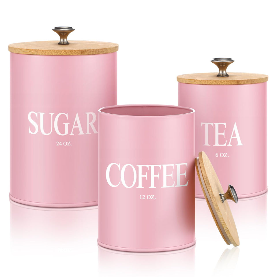 Blushtier pink sugar canister with airtight lid keeps sugar fresh and ready.