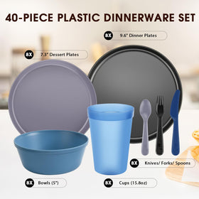 Blwan 40-piece dessert plates in ocean tones, stackable for compact storage and easy cleanup.