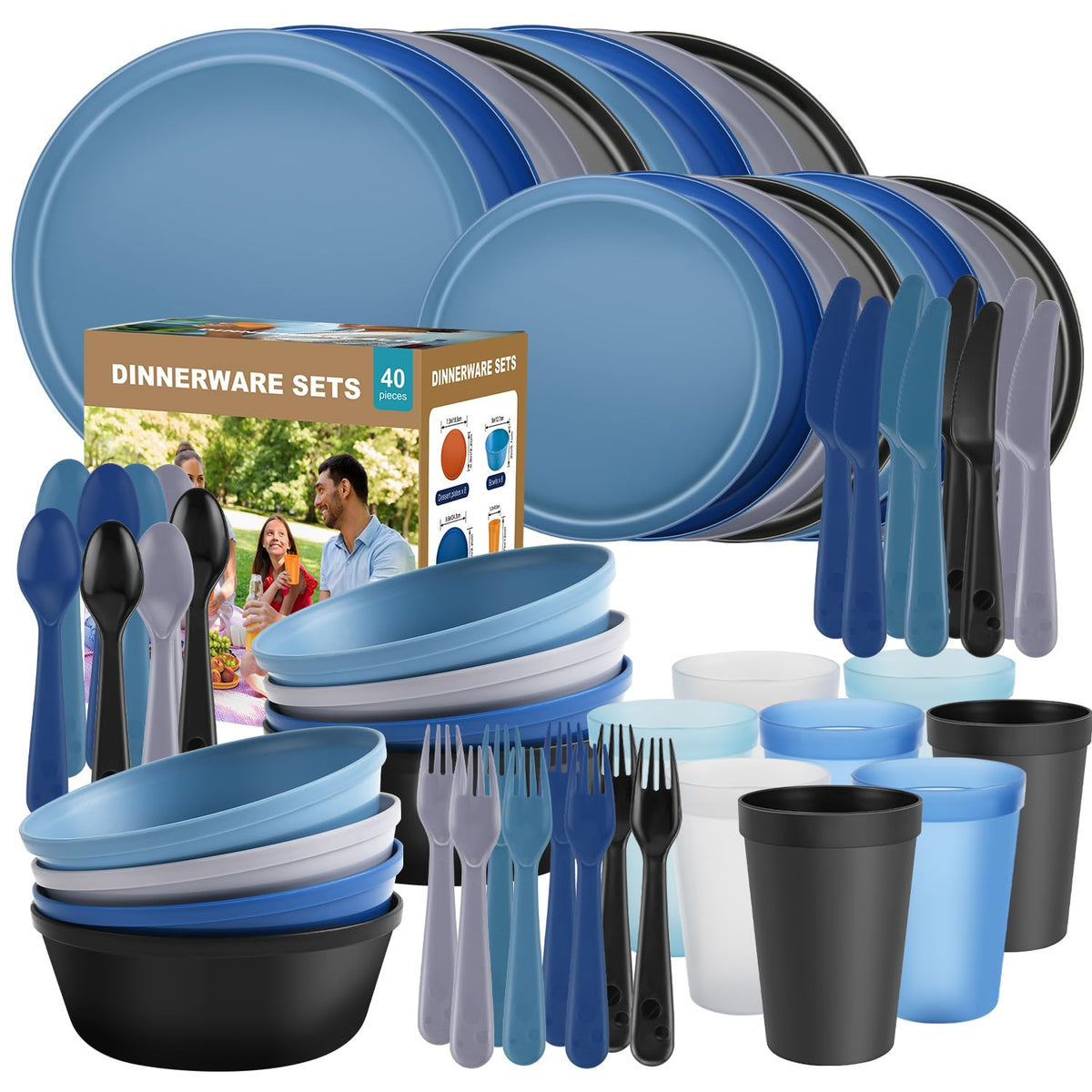 Blwan 40-piece dinnerware set dinner plates in ocean multicolor for everyday meals, durable and dishwasher-safe.