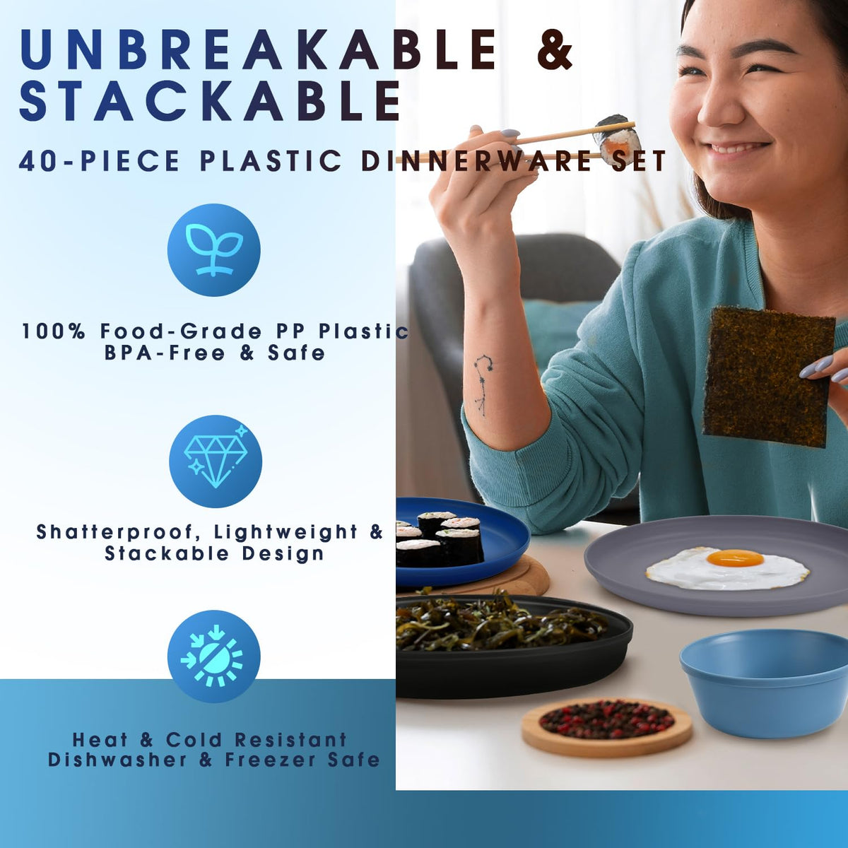 Blwan stackable design for saving cabinet space and easy packing.