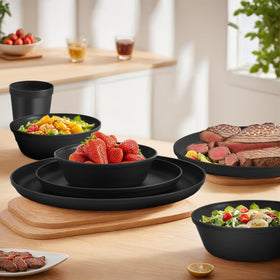 Blwan 40-piece dinnerware with sleek black finish hides stains between uses