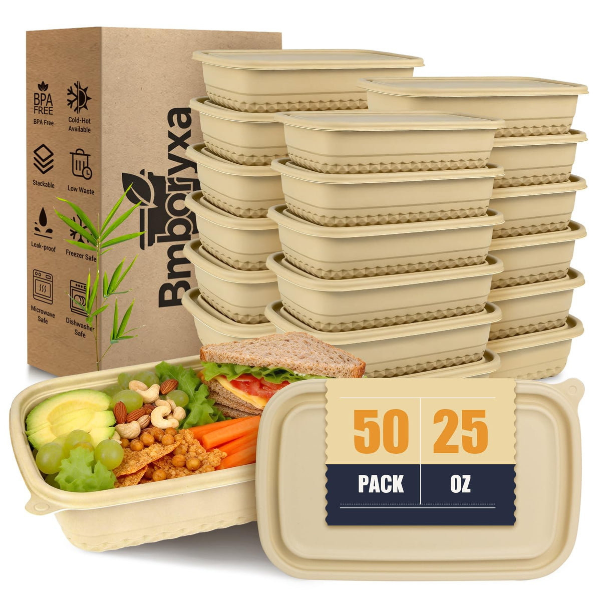 Bmboryxa 50-pack meal prep containers for organized lunches and reuse.