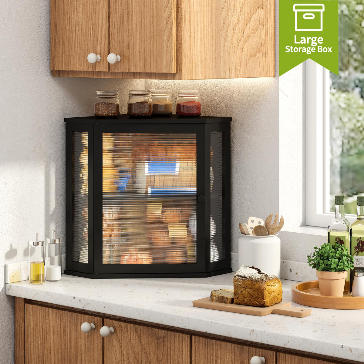 BMOSU Corner Bread Box acrylic door view for quick content visibility.