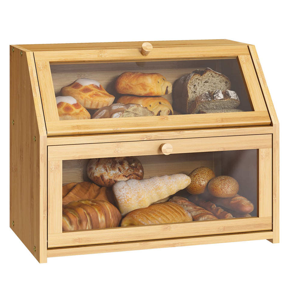 BMOSU Farmhouse bread box front view shows two-loaf capacity on the counter