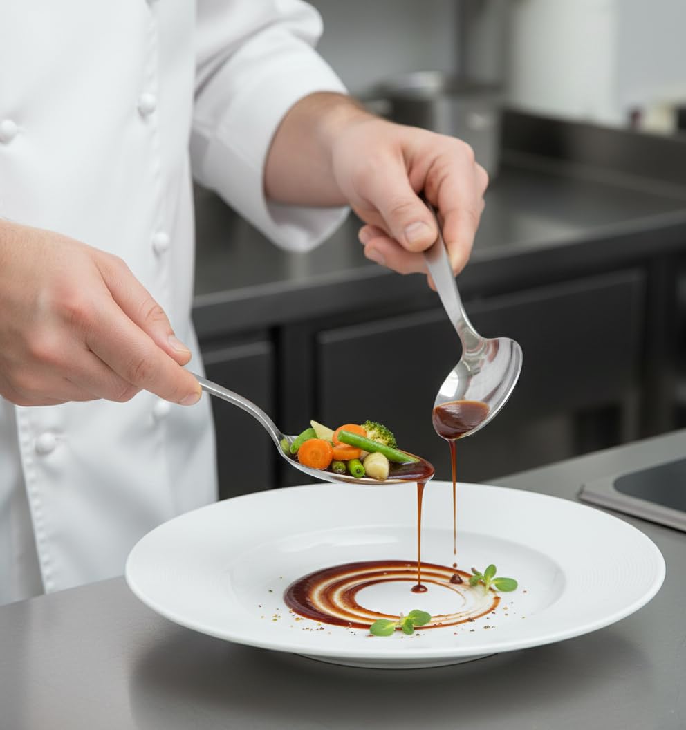 BNAZIND Kunz spoon in use, stirring sauce to show versatility.