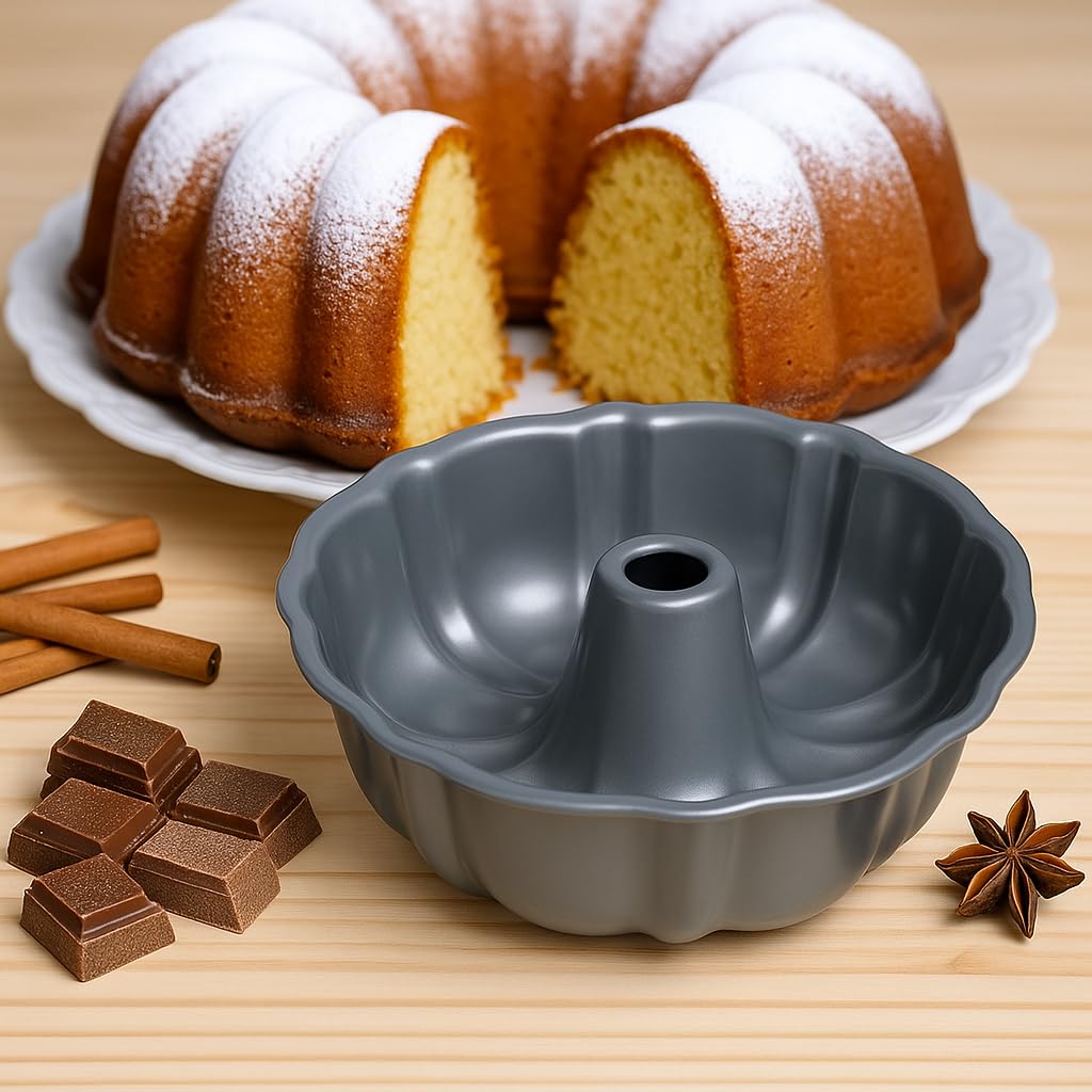 BNYD 10-inch fluted tube pan easy-release coating promotes quick cake release.