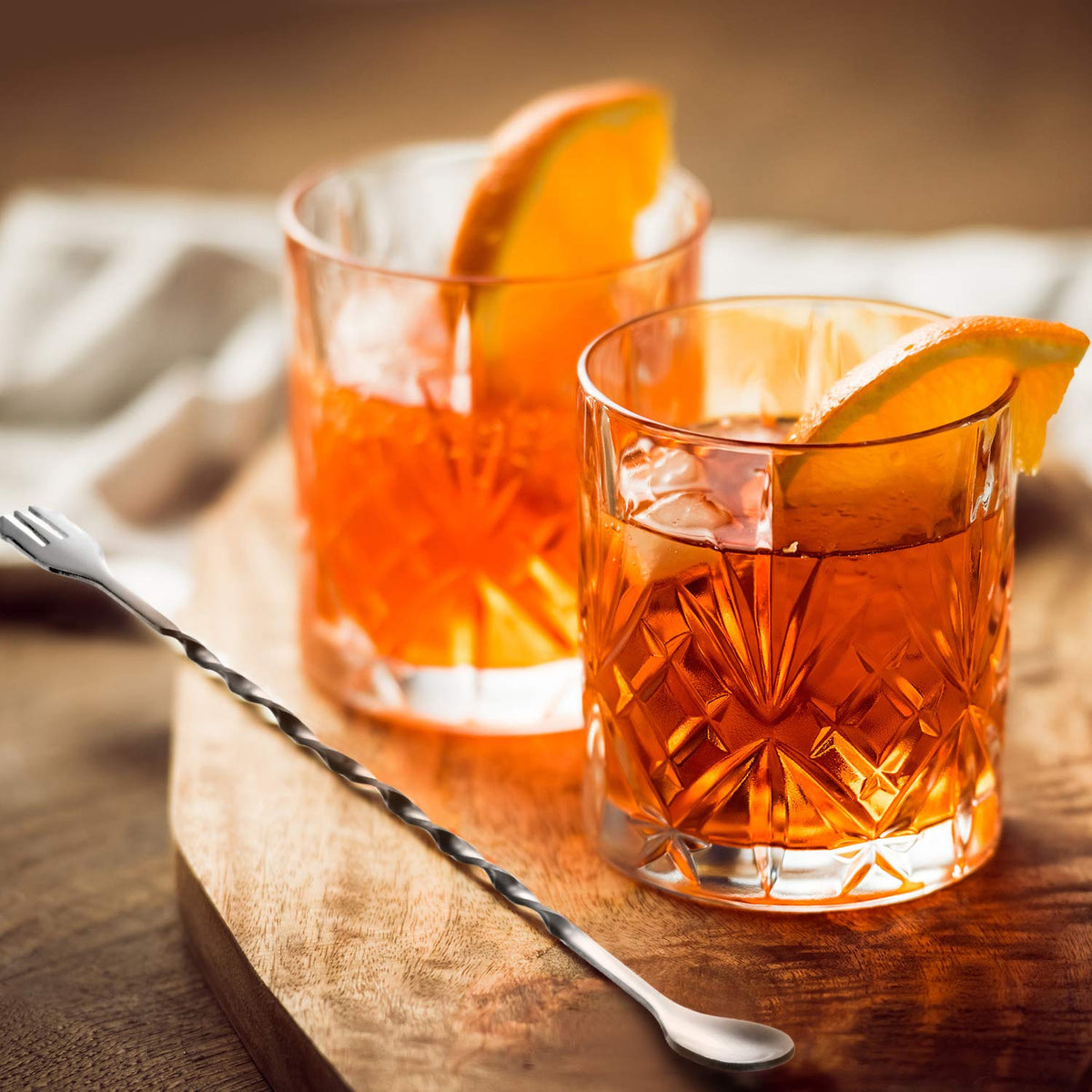 Boao bar spoon with fork-tip for easy garnish placement.