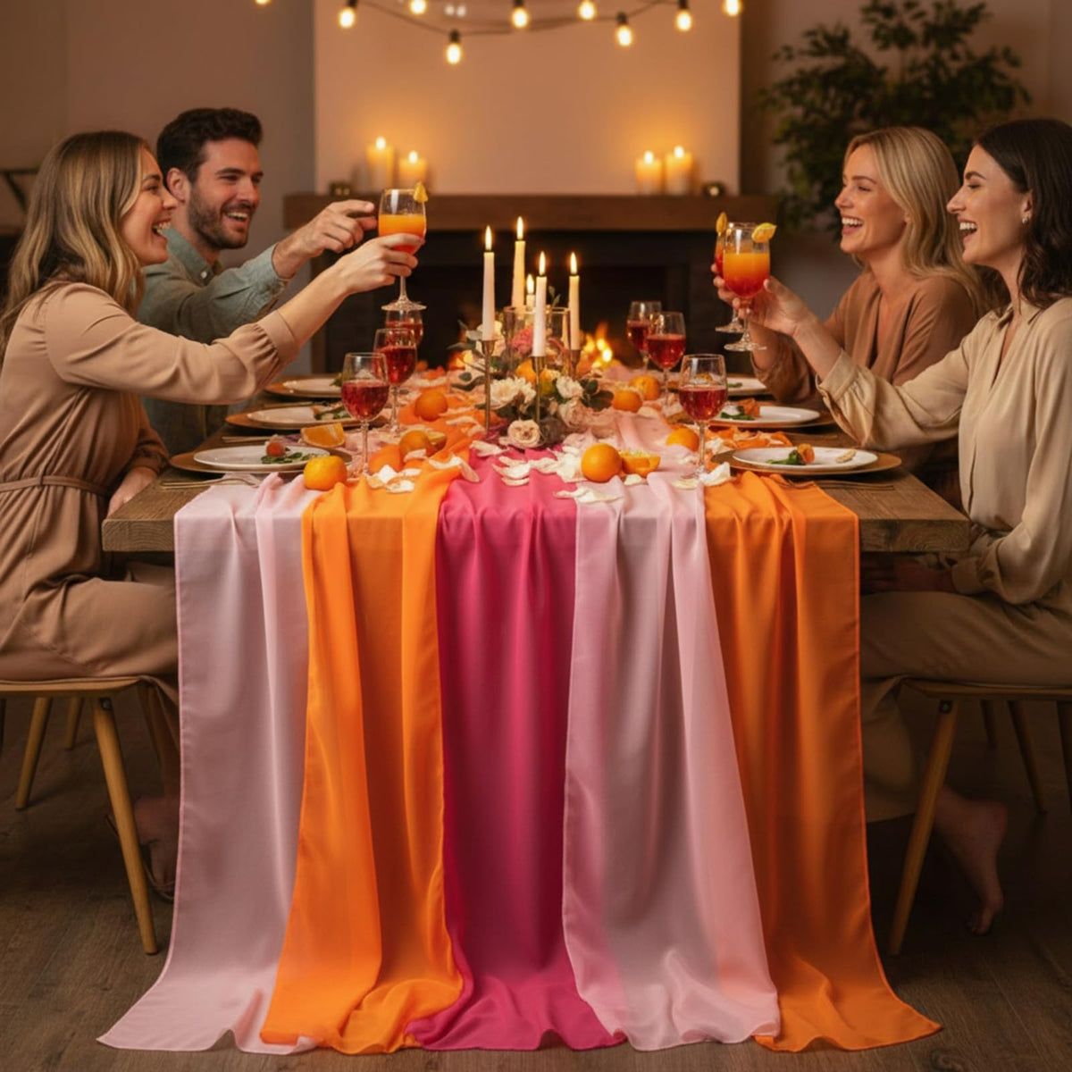 Boao orange runner displayed with centerpieces to create a warm, festive mood