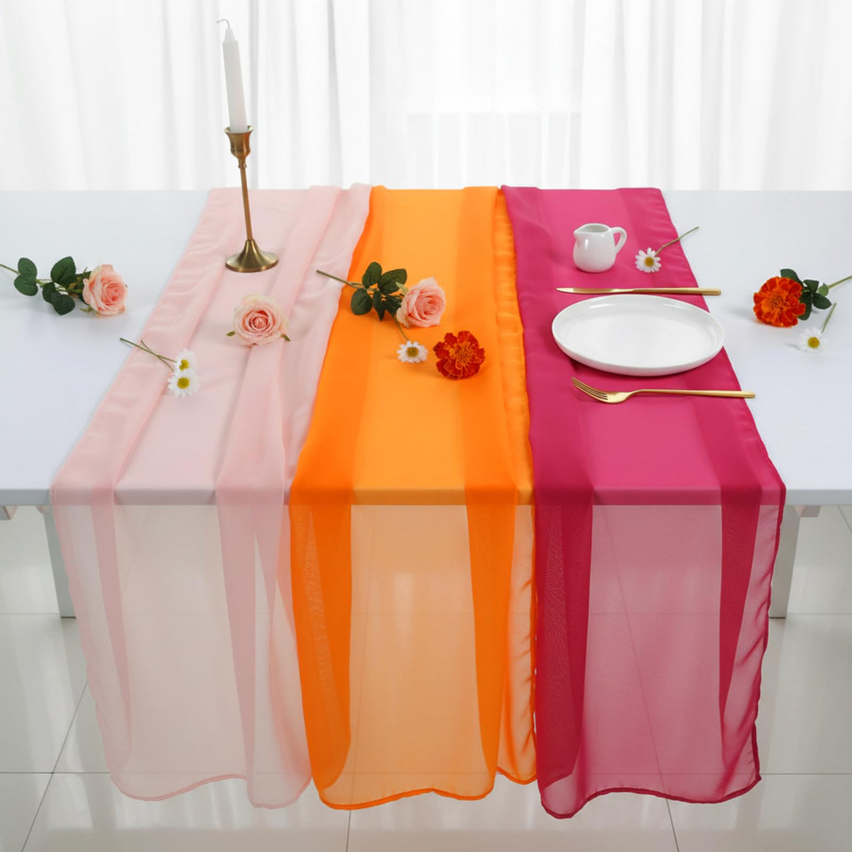 Boao outdoor dinner scene using pink-orange runners for sunset-inspired decor