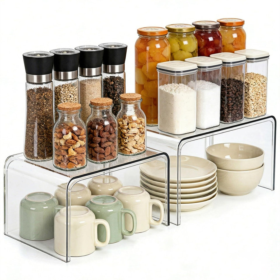 Bobomoment clear cabinet organizer set of 2 on a shelf, maximizing cabinet storage.