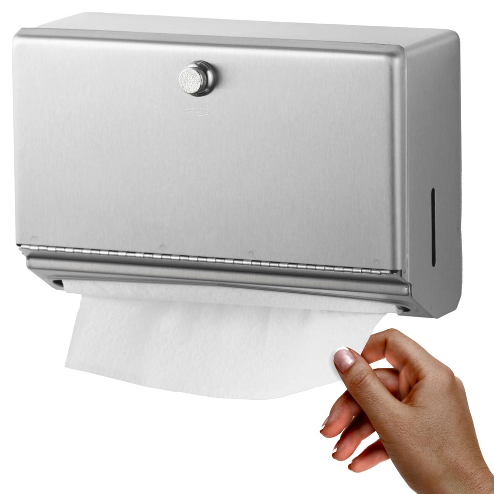 Bobrick wall-mounted towel dispenser in stainless steel, front view, high-capacity.