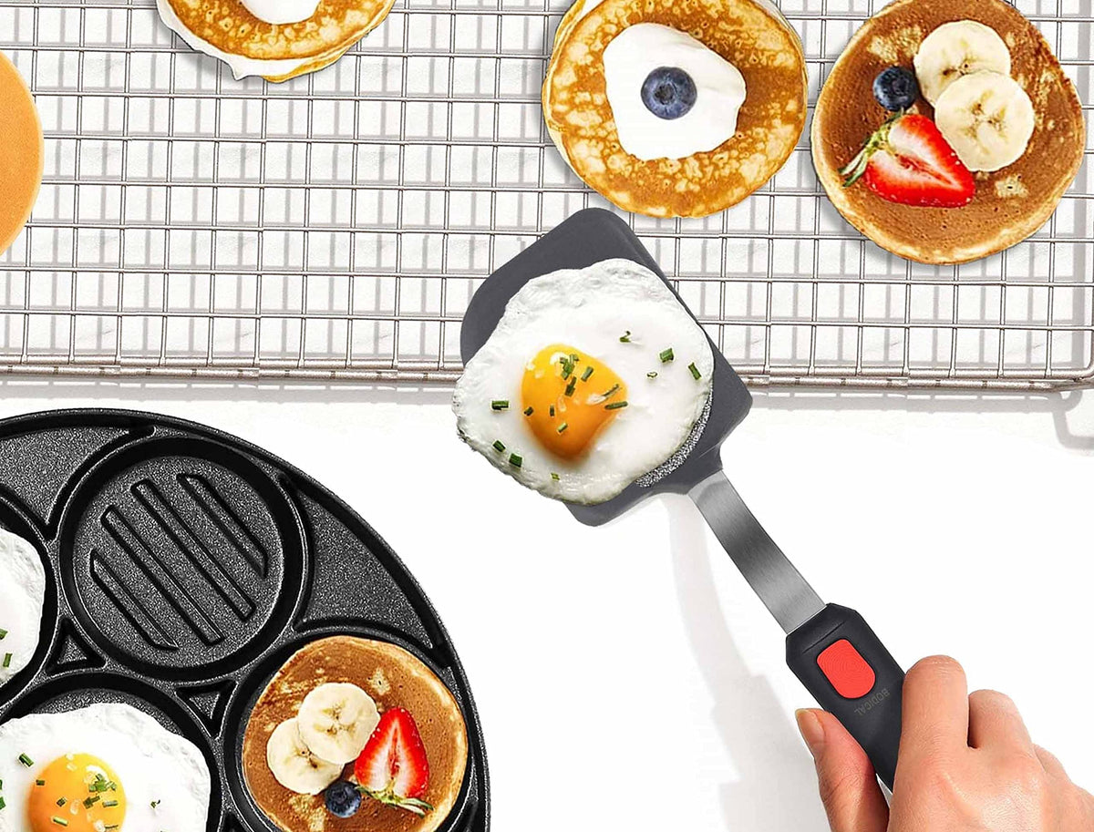 BodiCal spatula set soft-edge design aids gentle flipping for delicate foods.