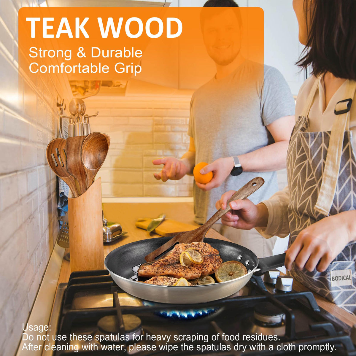 BodiCal teak nonstick-safe edges protect cookware finishes.