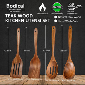 BodiCal teak slotted spatula 12in designed to drain while cooking.
