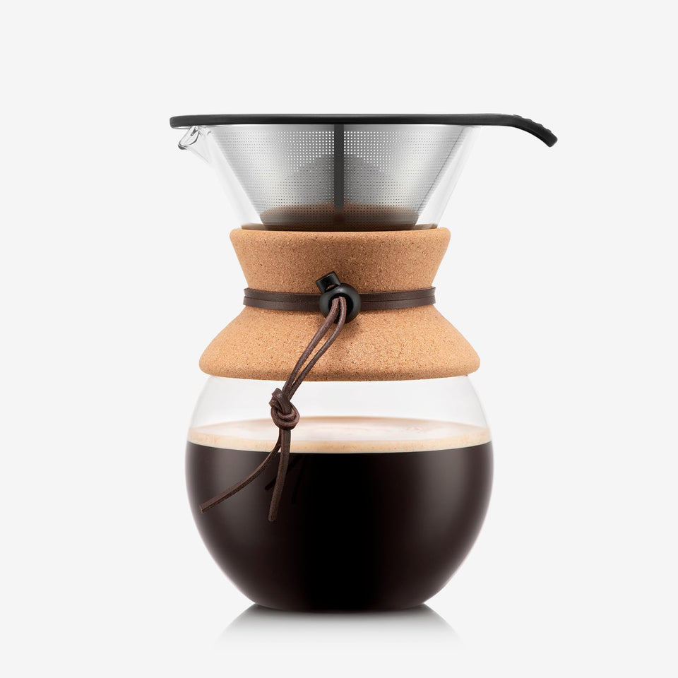 Bodum 34oz pour-over coffee maker with glass carafe ready to brew