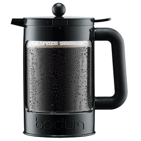 Bodum 51oz cold brew coffee maker front view highlights durable stainless steel.