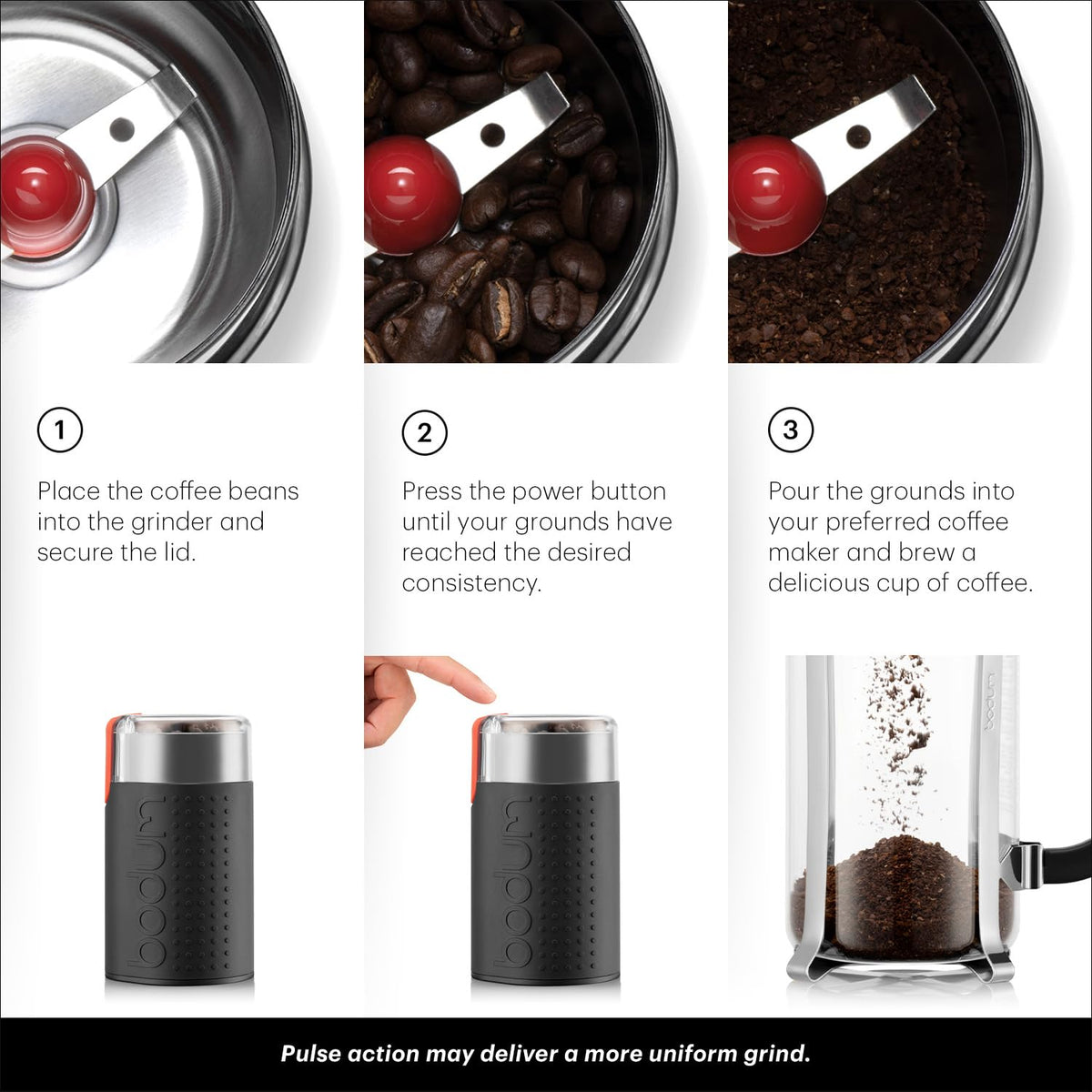 Bodum Bistro blade closeup highlights stainless steel blade ideal for quick coffee and spices.