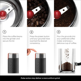 Bodum Bistro blade closeup highlights stainless steel blade ideal for quick coffee and spices.