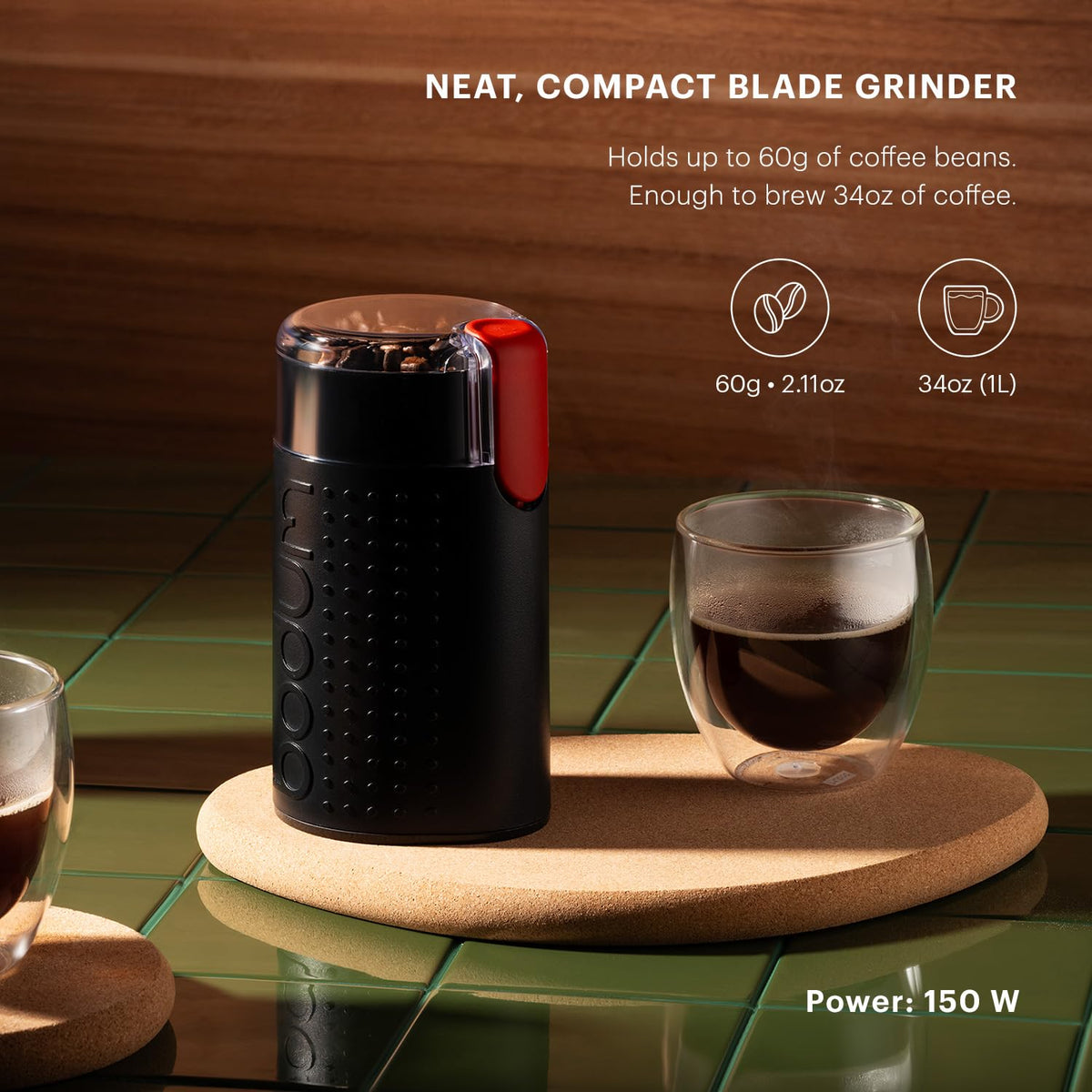 Bodum Bistro grinder in action demonstrates fast, consistent grinding for 8-cup French press.