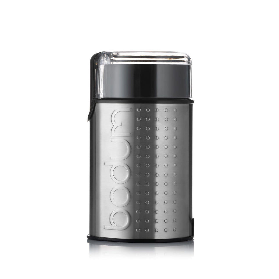 Bodum Bistro electric blade grinder with brushed stainless steel finish for fresh grounds