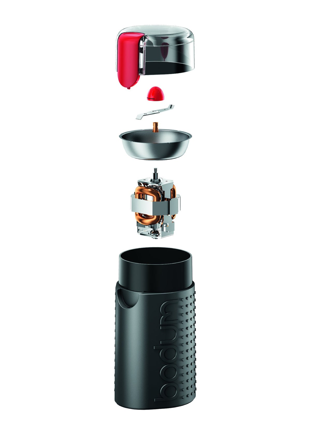 Bodum Bistro grinder lid with transparent window for monitoring grind progress.