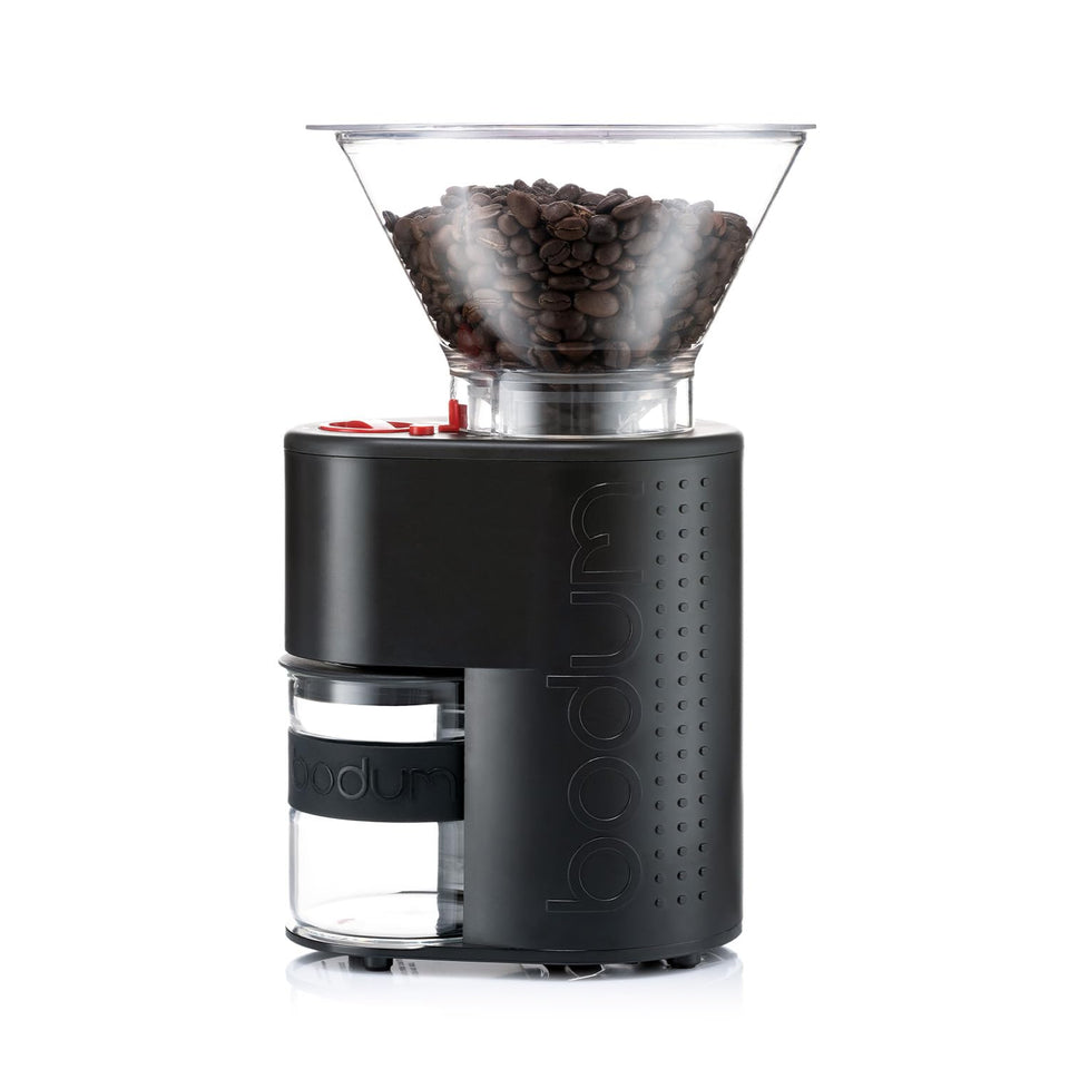 Bodum Bistro grinder side view with conical burrs for a uniform grind